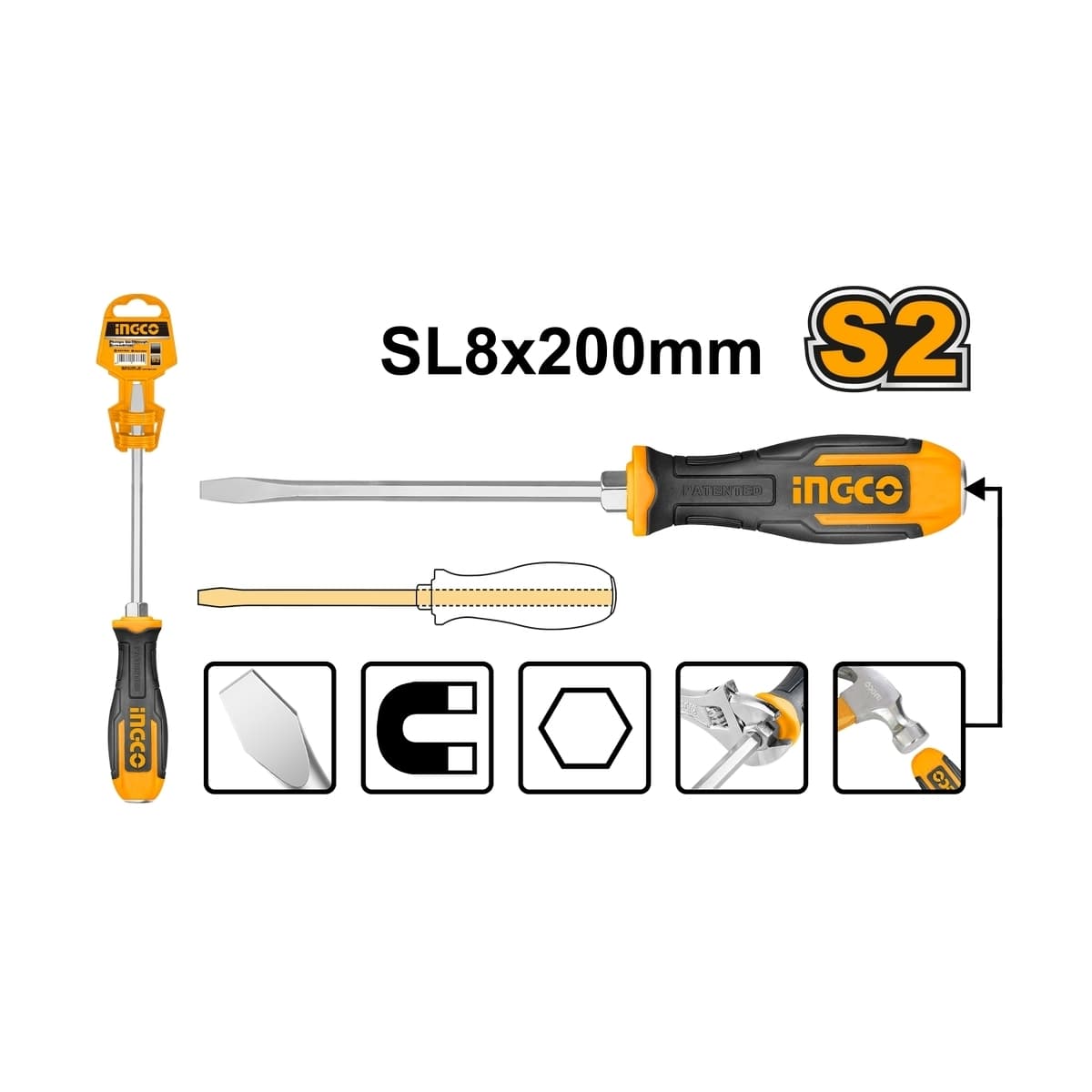 ไขควงปากตอก ปากแบน แกนหกเหลี่ยม ขนาด 8.0x8x200 มิลลิเมตร รุ่น HGTS688200