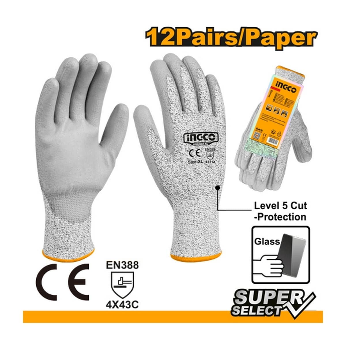 ถุงมือเซฟตี้ ไซส์ XL รุ่น HGCG02 เคลือบวัสดุ PU กันบาด