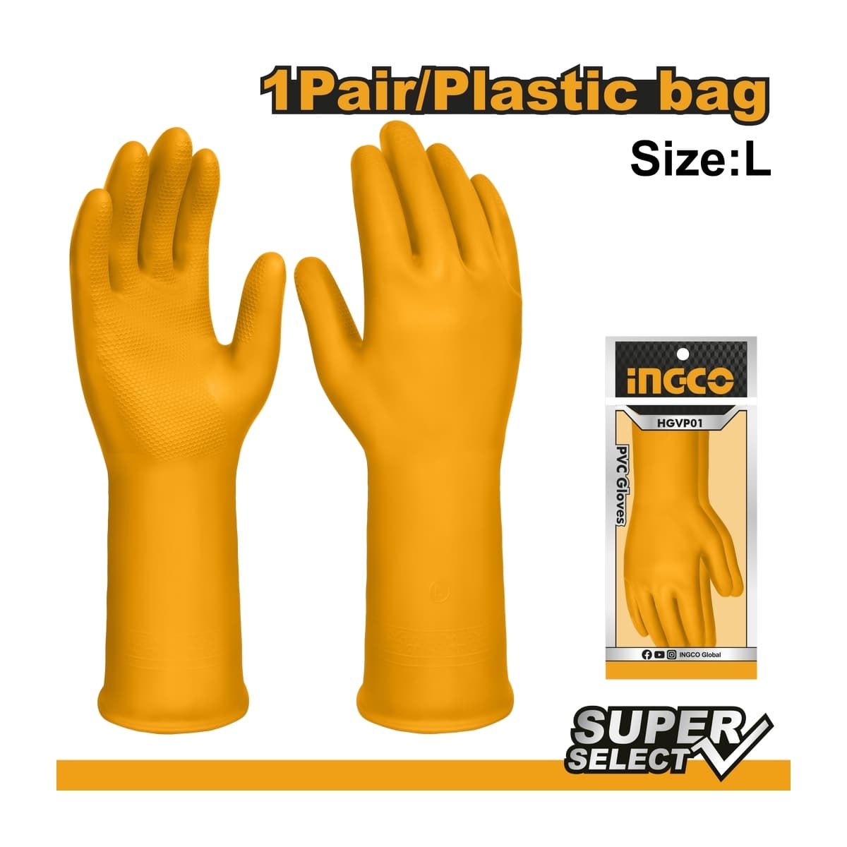 ถุงมือยางพีวีซี ไซส์ L รุ่น HGVP01 ขนาดความยาว 32 ซม. ผลิตจากวัสดุ PVC คุณภาพสูง