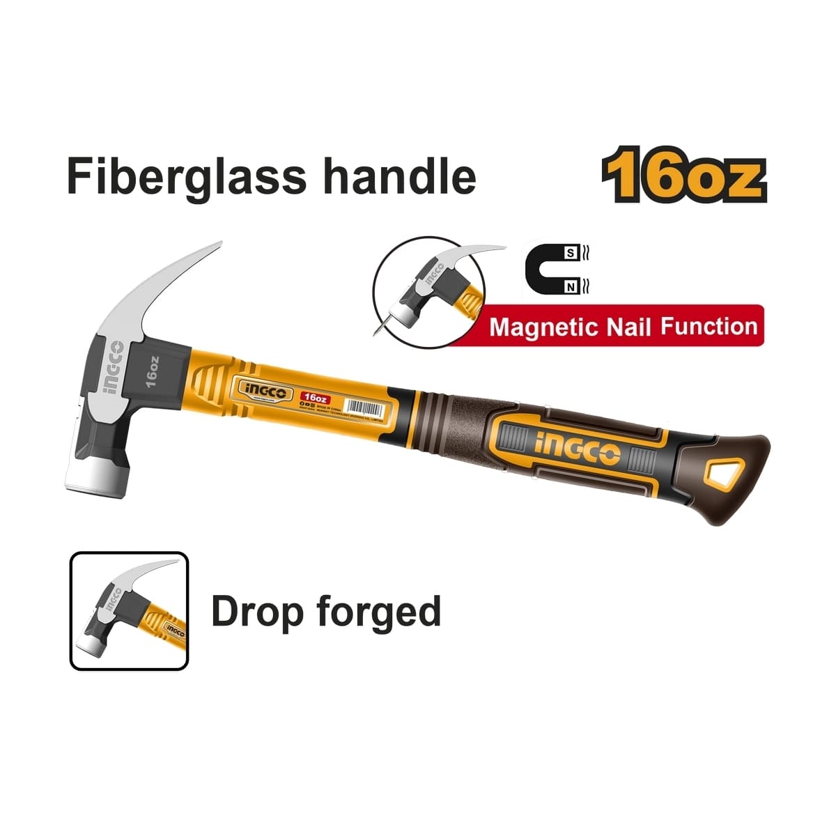 ค้อนหงอนด้ามไฟเบอร์ 16 ออนซ์ (450 กรัม) รุ่น HCH81016 ค้อนหัวแม่เหล็ก สำหรับดูดตะปู